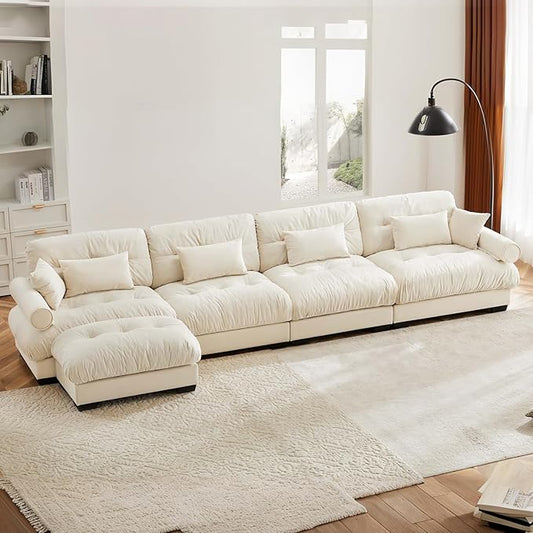 166" Oversized Couch, 4 Seater Modular Sectional Sofa, Beige White Large L Shaped Couches, Fluffy Couches, 4 Seater, Velvet Cloud Couch with Ottoman, Sofas for Living Room