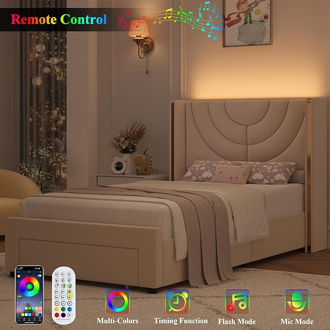 HITHOS Twin Upholstered LED Bed Frame with Storage Drawer, Velvet Kids Bed with Wingback Headboard, Princess Twin Platform Bed for Girls/Kids, Solid Wood Slats Support, No Box Spring Needed, Beige