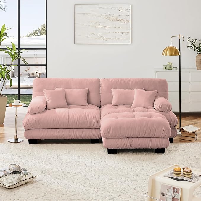 94.4" Loveseat Sofa, 2 Seater Modular Sectional Sofa, Pink Large L Shaped Sectional Fluffy Couch, Chenille Cloud Couch with Ottoman, Deep Seat Sofas for Living Room