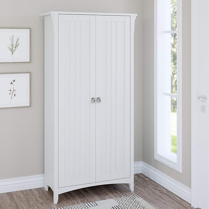 Bush Furniture Salinas Tall Storage Cabinet with Doors in Shiplap Gray and Pure White, Office Storage Unit, Organizer for Home or Workspace, Adjustable Shelving