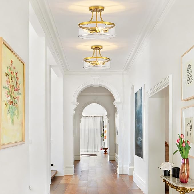 11.81" Brushed Gold Semi Flush Mount Ceiling Light, Modern Glass Entryway Light Fixture, Hallway Light Fixtures, 3-Light Drum Ceiling Lamp for Bedroom Kitchen Island Laundry Dining Room, UL Listed