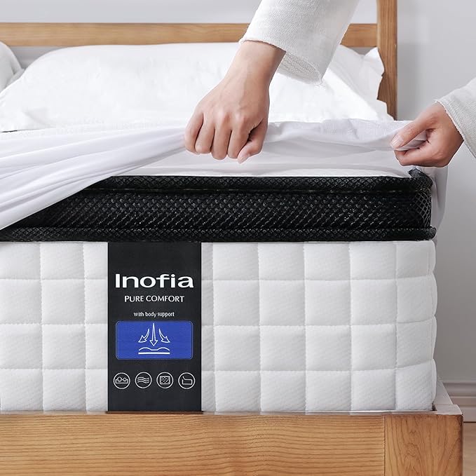 Inofia 12 inch King Mattress Hybrid with Waterproof Rayon Mattress Protector Included, Medium Firmness Cool Bed for Ultimate Support, Motion Isolation for Any Sleepers, King Size Mattresses