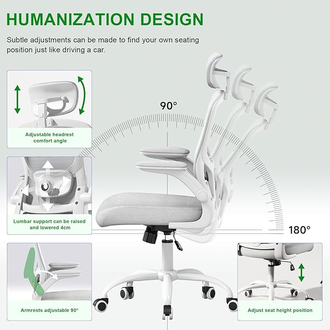 Ergonomic Chair for Office- Study Chair,300lb Gaming Chair, Mesh Comfortable High Back Chair, Headrest, Lumbar Support, Armrest, Comfy Seat for Man Woman(White-Grey6076)