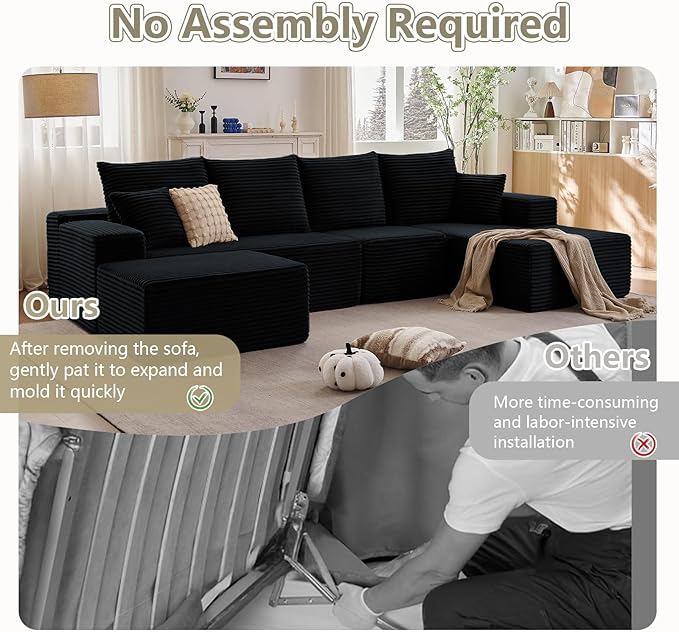 135" U-Shape Cloud Couch, Modern Modular Sectional Comfy L-Shape Sofa with Ottoman, Deep Seat, Upholstered Corduroy Sleeper Chaise Longue for Living Room Bedroom, No Assembly Required, Black