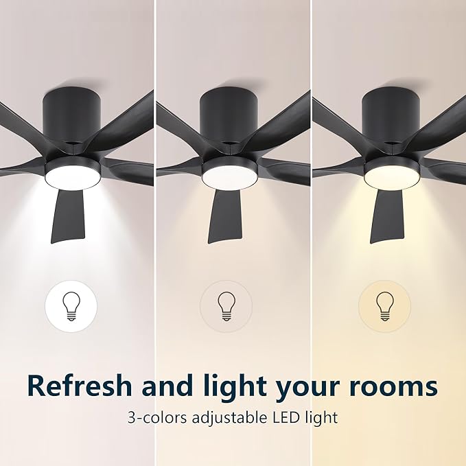 ELEHINSER 52 inch Low Profile Ceiling Fan with Light, 5 Solid Wood Blades, 6-Speeds, Quiet DC Motor, Timer, Flush Mount Modern Ceiling Fan with Remote for Living Room Bedroom, Black