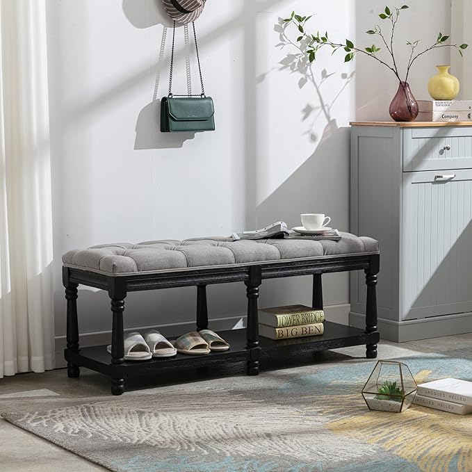 DUOMAY Mid-Century Tufted Storage Bench with Shelf, Linen Upholstered Farmhouse Entryway Shoe Bench Ottoman Bed End Stool for Bedroom Living Room Dining Room, Black Wood Frame, Grey