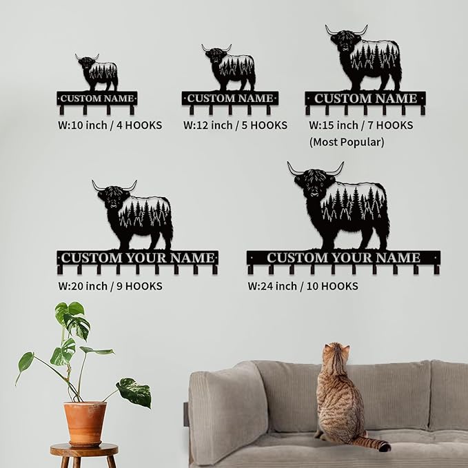 Personalized Highland Cow Metal Keys Hooks,Custom Name Metal Highland Cow Keys Hooks,Black Metal Highland Cow Wall Home Storage Decorative Keys Hooks,Key Holder Hooks for Wall (Style H)