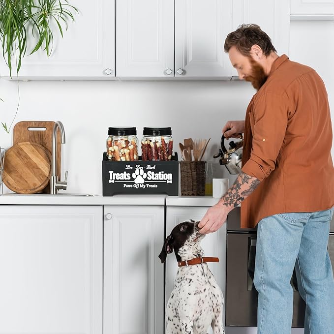 Dog Treat Container Dog Food Container for Dog Food Storage, Farmhouse Cat Food Container Pet Food Storage Organizer, Wood Dog Treat Holder with 2 Plastic Cat Dog Treat Jars, Black Cat Treat Container