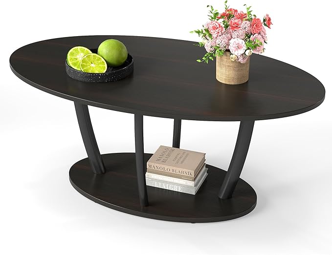 Manora Rustic Small Oval Coffee Table for Living Room, Narrow Wood Center Table with Shelf, Retro Style Coffee Table with Curved Metal Legs, Stable and Easy Assembly, Black Brown