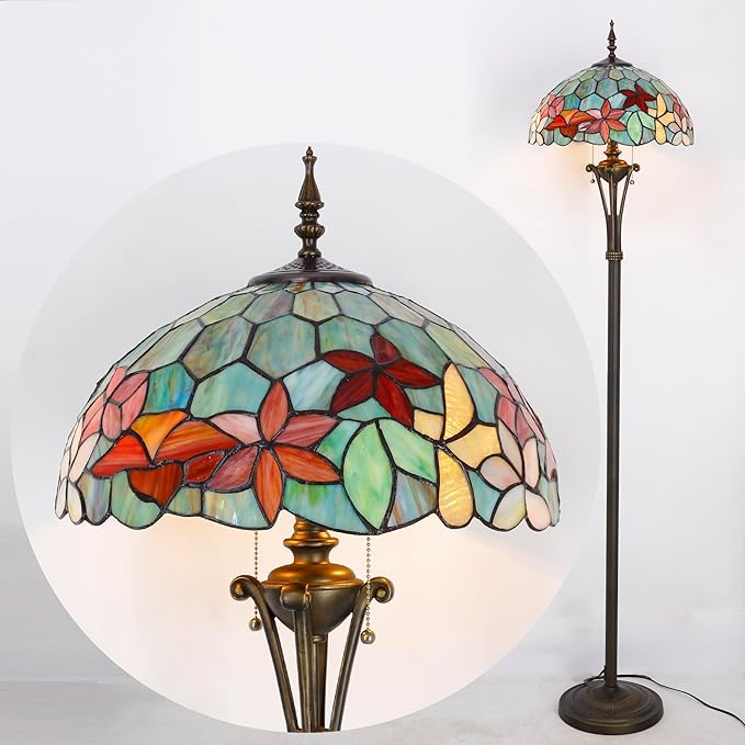 Tiffany Floor Lamp Red Yellow Green Flowers Stained Glass Standing Reading Light 16X16X70 Inches Antique Pole Corner Lamp Decor Bedroom Office Living Room