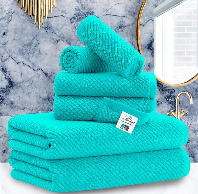 Turquoise Bath Towel with Hanging Loop - 100% Cotton, Soft, Quick Dry, Lightweight, Towel Set of 6, 2 Large Bath 30"x56", 2 Thick Hand 18"x28", 2 Absorb Washcloths 13"x13", Luxury Gift Set