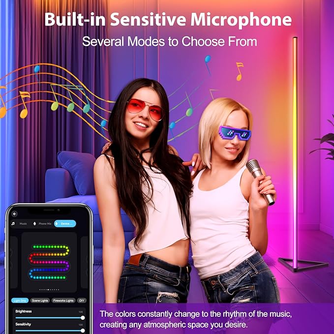 RGBIC Floor Lamp,16 Million Colors LED Floor Lamps 141 cm Lamps for Living Room with Music Sync,Standing Lamp with App and Remote Control,Gaming Ambient Lighting Corner Lamp Bedroom Decor