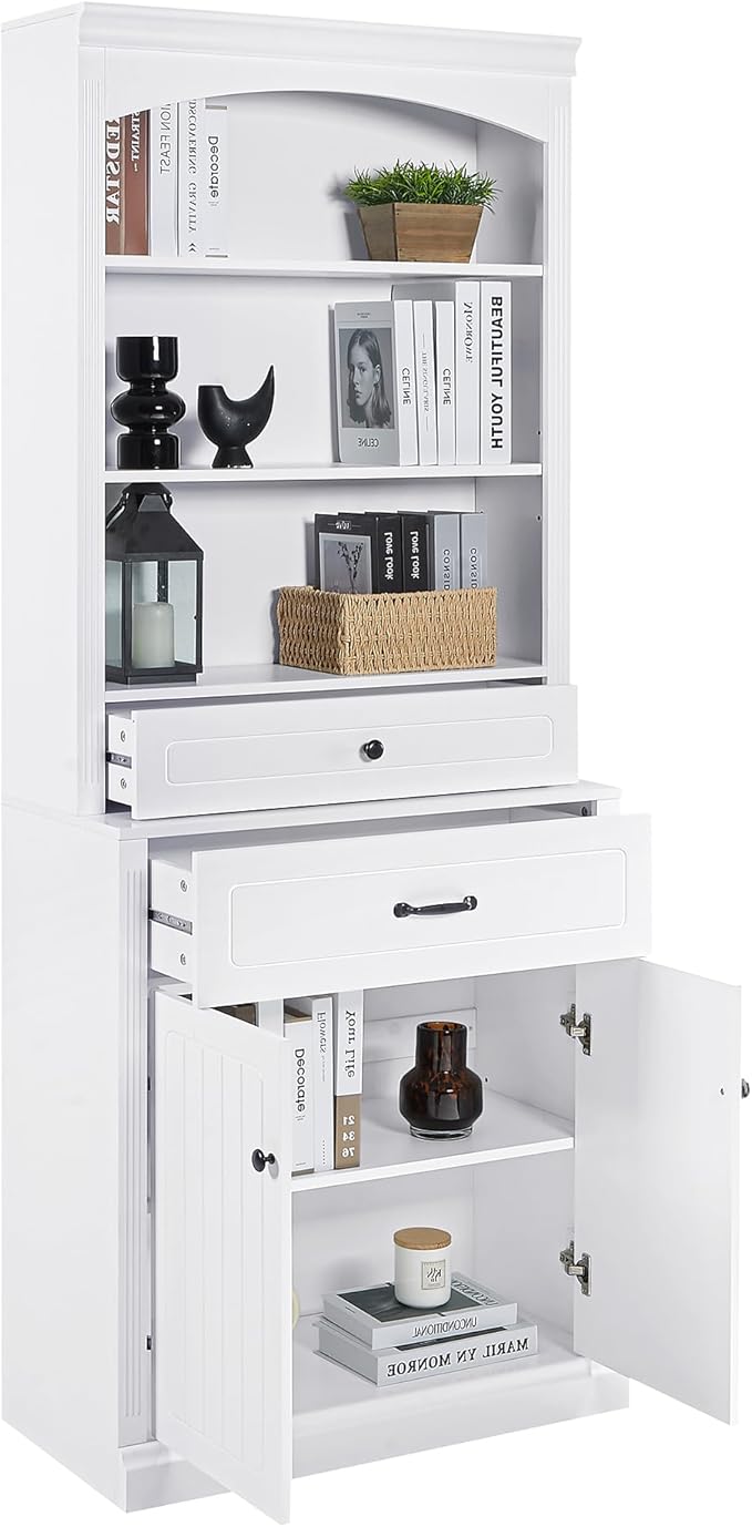 Tall Cabinet with 2 Drawers and Doors, Multi-Functional Storage Unit Set/Bookcase, Kitchen Cabinets, Pantry Cupboard for Living Room/Home Office/Bathroom, White