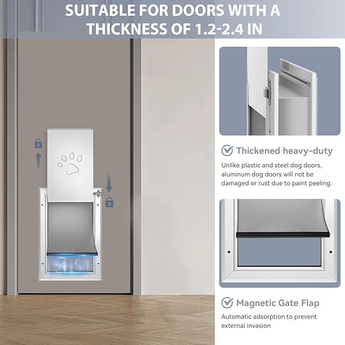 [Petoasis] Heavy Duty Aluminum Dog Door with Lock,3 Flap Insulated Doggie Doors with Installation Manual,Durable and Rust Resistant, Patent: USD1057087S, (Silvery White, Large for Door)
