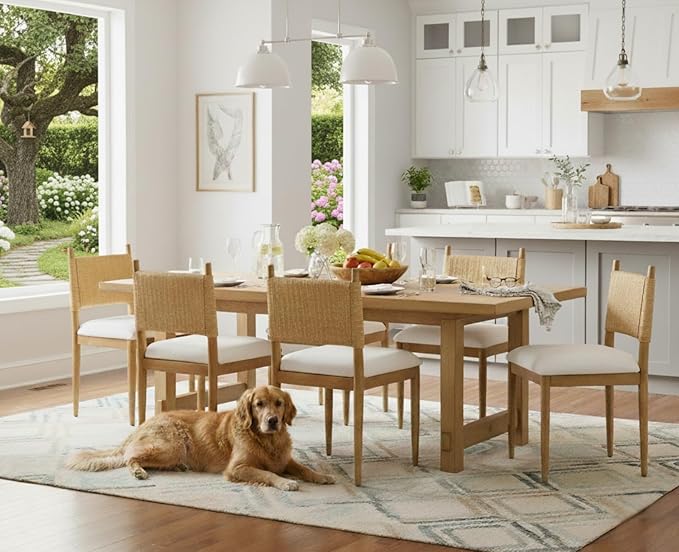 CIMOTA Modern Dining Chairs Set of 2, Mid Century Upholstered Dining Room Chairs with Woven Back, Armless Kitchen Chairs with Natural Solid Wood Legs, Linen Beige