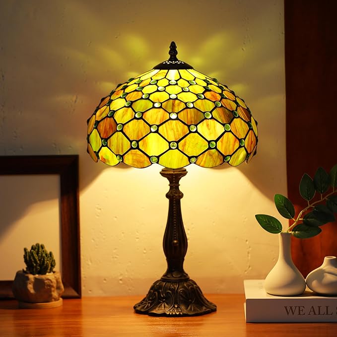 Tiffany Lamps Brownish Green Beads Style Stained Glass Table Lamp Desk Bedside Reading Light 12X12X18.5 Inches with Bronze Resin Base Applicable to Bedroom Living Room Office