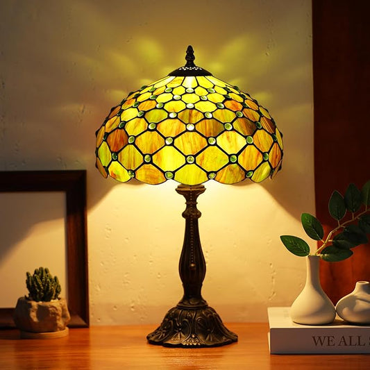 Tiffany Lamps Brownish Green Beads Style Stained Glass Table Lamp Desk Bedside Reading Light 12X12X18.5 Inches with Bronze Resin Base Applicable to Bedroom Living Room Office