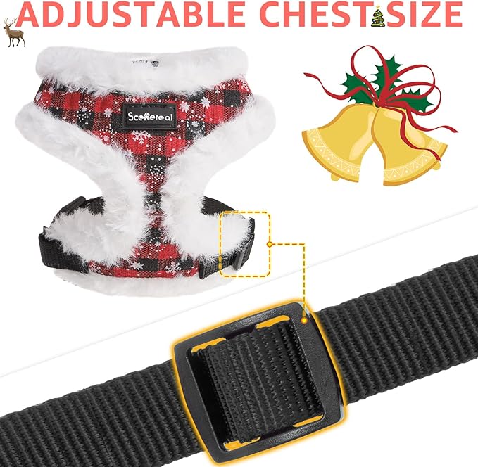SCENEREAL Dog Christmas Harness Collar and Leash Set, Warm Fleece No Pull Puppy Vest Harnesses No Chock Adjustible Step in Small Pet Halter for Outdoor Walking Training, Black Red Plaid XS