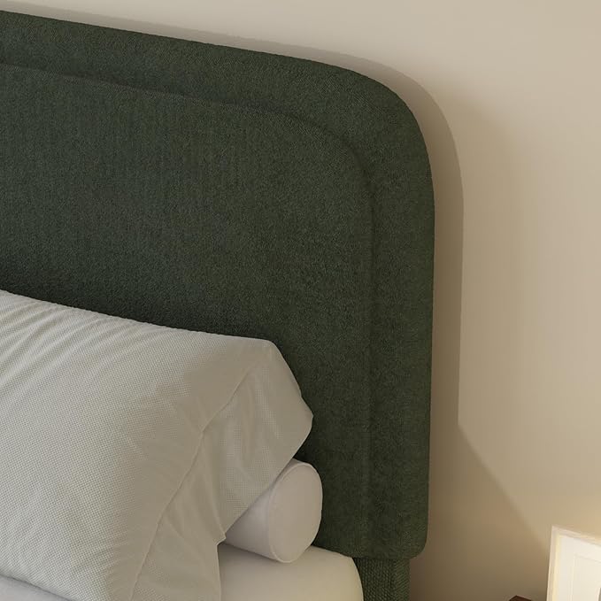 BarnFurin Twin Size Bed Frame, Boucle Upholstered Platform Bed Frame with Headboard, Modern Style, Soft Rounded Corners, No Box Spring Required, Easy Assembly, Green