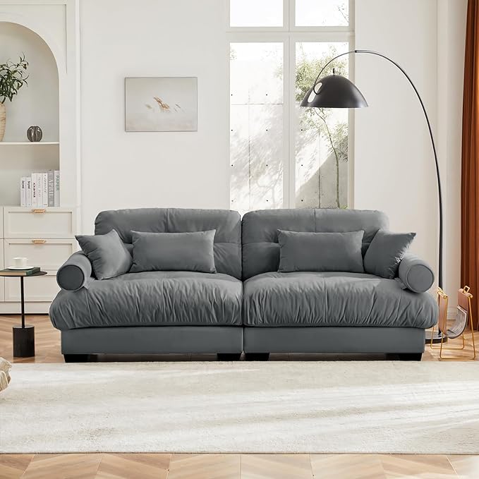 93.7” Oversized Grey Velvet Loveseat Sofa, Deep Seat 2-Seater Modular Sectional Couches for Living Room with 4 Pillows, Cloud Home Sofas Set, Love Seat Couches