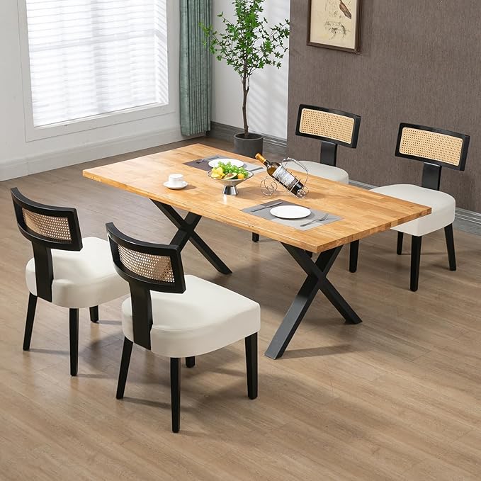 Upholstered Rattan Dining Chairs Set of 6, Mid-Century Modern Fabric Dining Room Chairs with Black Hardwood Frame, Curved Backrest Kitchen Armless Accent Chairs for Living Room (Cream)