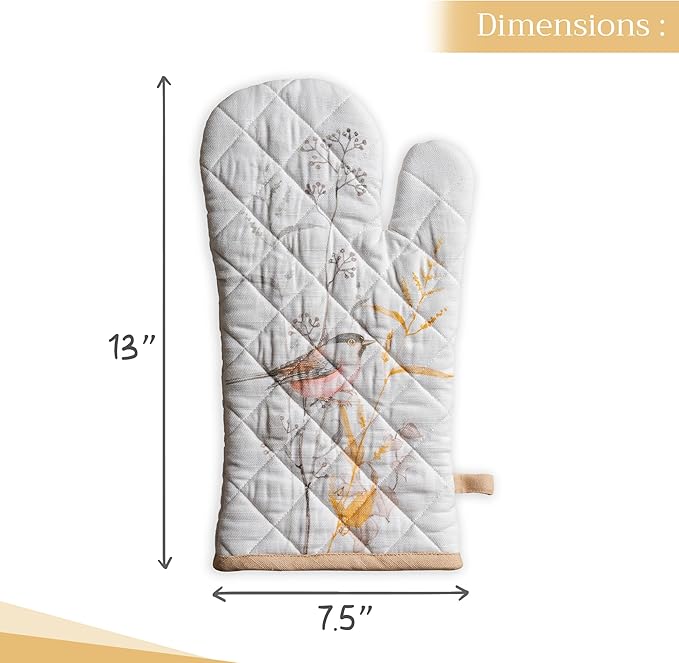 Maison d' Hermine Oven Gloves 100% Cotton Oven Mitt 7" x 13" with Loop Heat Resistant, BBQ, Cooking Gloves, Grilling, Kitchen, Handling Hot Pans Spring/Summer (Pack of 1, Meadow Florals - Beige)
