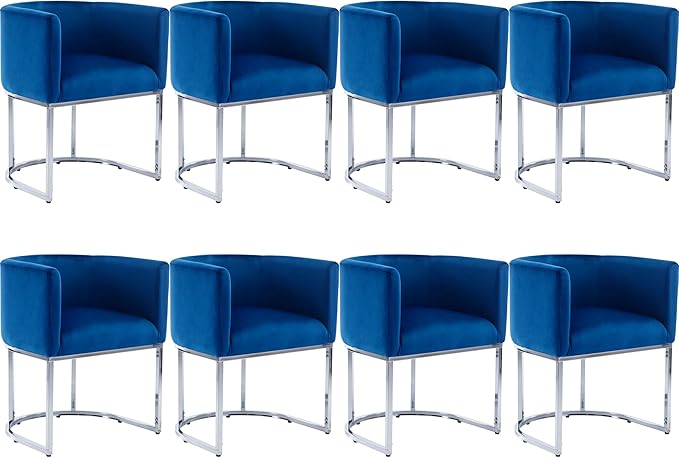 Velvet Dining Chairs Set of 8 Modern Barrel Arm Chairs with Chrome Metal Frame, Upholstered Kitchen Chairs 18.5" Wide Accent Chairs for Living Room Dining Room Restaurant, Blue