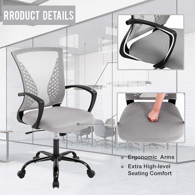Office Chair Ergonomic Desk Chair Mesh Computer Chair with Lumbar Support Armrest Mid Back Rolling Swivel Task Adjustable Chair for Women Adults, Grey