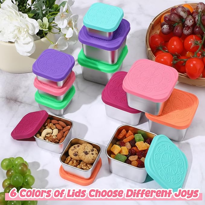 12 Pcs Stainless Steel Snack Containers 6oz & 2oz Easy Open Leak Proof Food Containers with Silicone Lids Reusable 304 Metal Food Box for School Home Picnic (Classic)