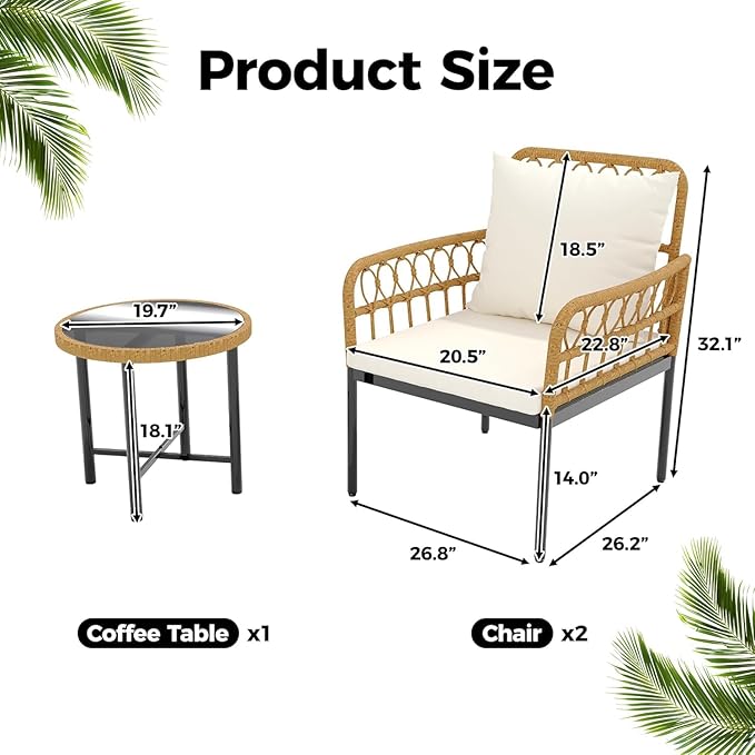 3-Piece All-Weather Wicker Rattan Bistro Patio Furniture Set with Glass Table and Thick Cushions, Beige - Ideal for Balcony, Garden, Backyard, and Poolside Conversation