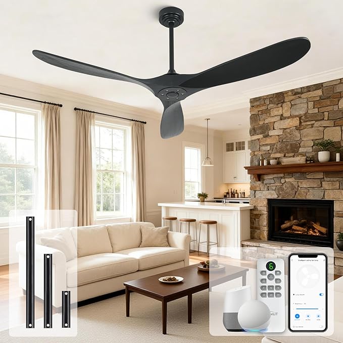 Outdoor Ceiling Fan Without Light, 60 Inch Smart Ceiling Fan with Remote & Voice Control for Alexa/Google, 3-Blade Wood Fan, Quiet DC Motor, 6 Speeds for Patio, Porch, Farmhouse, Black