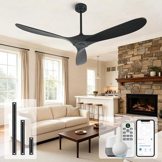 Outdoor Ceiling Fan Without Light, 60 Inch Smart Ceiling Fan with Remote & Voice Control for Alexa/Google, 3-Blade Wood Fan, Quiet DC Motor, 6 Speeds for Patio, Porch, Farmhouse, Black
