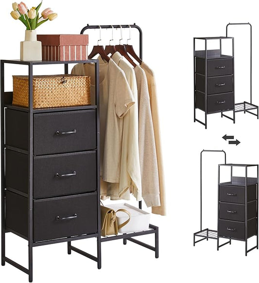 Clothes Rack with Shelves and Hanging Rod, 3 Drawers Small Coat Hanger, Reversible Clothes Rack, Black YD-TM081B