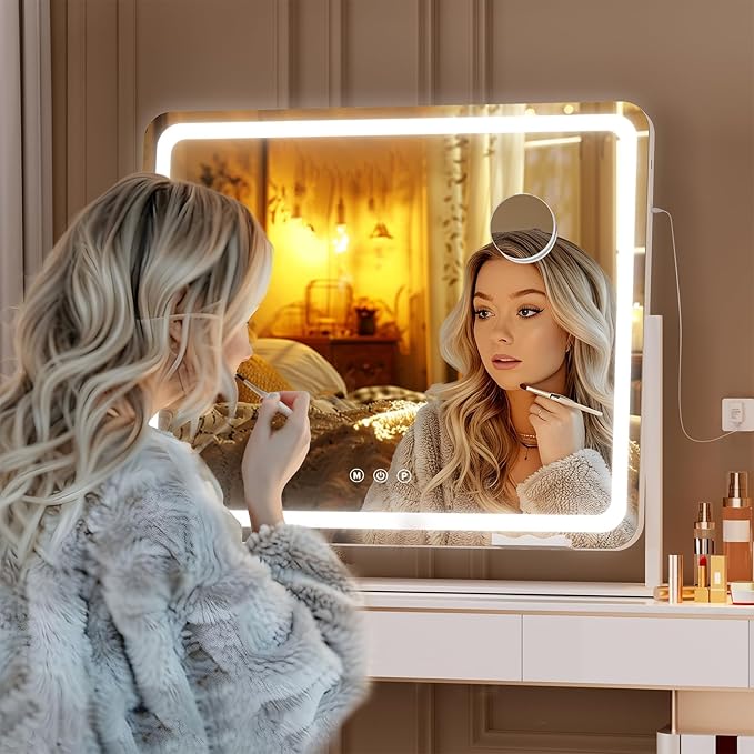 Hasipu Vanity Mirror with Lights, 25" x 21" LED Makeup Mirror, Light up Mirror with 10X Magnification and Phone Holder, USB Charging Port, Smart Touch 3 Colors Dimmable, 360° Rotation (White)