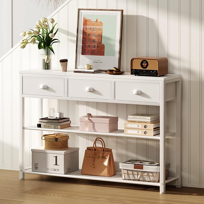 Furologee White Entryway Table, 38'' Console Sofa Table with 3 Fabric Drawers, Industrial Entry Way Table with Storage Shelves, Display Shelf for Living Room, Hallway, Entrance, Foyer