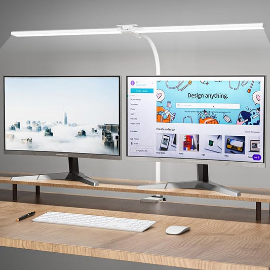LED Desk Lamp, 31.5'' Wide Double Head Desk Lamps for Home Office, Dimmable 25 Lighting Modes 16W 1800lm Bright Desk Lighting, Eye Caring Architect Table Lamp for Workbench Monitor Study, White