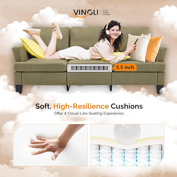 VINGLI Olive Green 83" Sofa Couches for Living Room, Modern Comfy 3 Seater Couch Faux Suede 25.6" Deep Seat Upholstery Cozy Sofas for Small Space, Bedroom, Apartment, Home Office