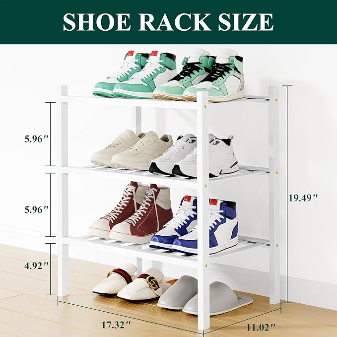 Smiry Shoe Rack, 3 Tier Small Bamboo Shoe Organizer, Stackable Free Standing Wooden Shoe Storage Shelf for Closet, Entryway, Front Door Entrance, White