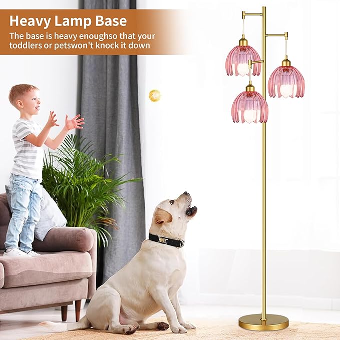 Gold Floor Lamps for Living Room Bedroom-3 Light Vintage Floor Lamp with Glass Lampshape & Three Bulbs,Mid Century Modern Standing Lamp Tall Tree Flower Floor Lamps for Bedroom Living Room,Corner