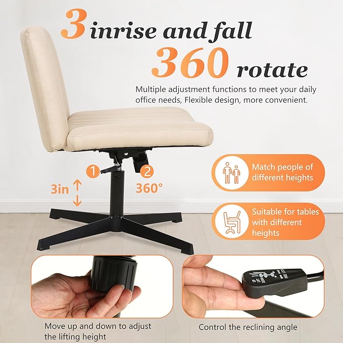 FDW Criss Cross Chair Armless Cross Legged Office Desk Chair Adjustable Swivel Ergonomic Desk Chair No Wheels U Shaped Backrest with Wide Seat Native Sponge Computer Task Vanity Chair for Home Office