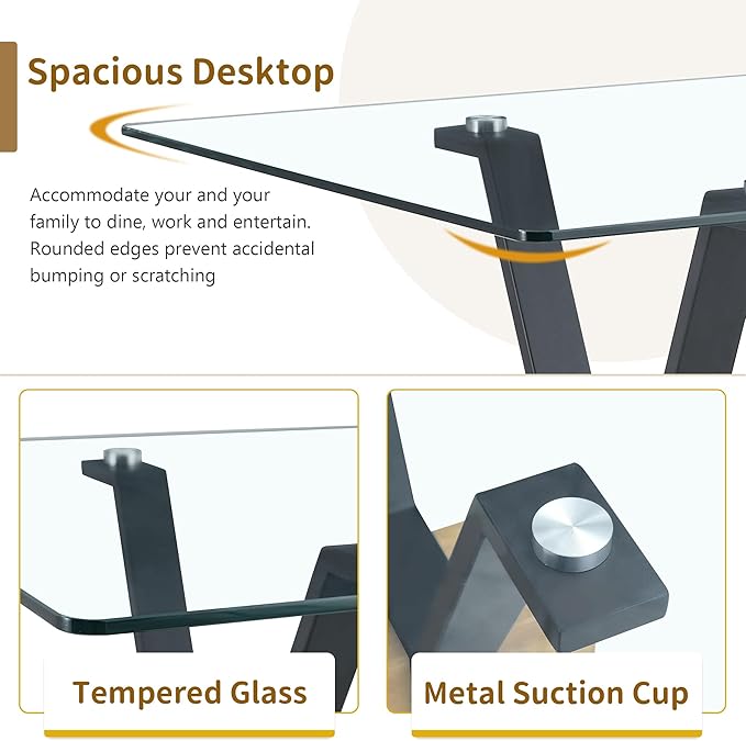 79" Glass Dining Table, Modern Kitchen Table, Modern Dining Table for 8, 0.4" Thick Tempered Glass Tabletop with Matte Black Metal Legs and Wooden Crossbar, Ideal for Dining Room, Kitchen