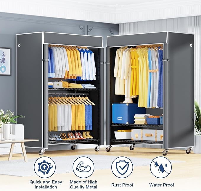 P8C Heavy Duty Clothes Rack（With Extended Width Design） Rolling Clothing Racks for Hanging Clothes with Lockable Wheels，51.2" W x 15.8" D x 80.5" H，Max Load 700LBS，Black Rack with Grey Cover