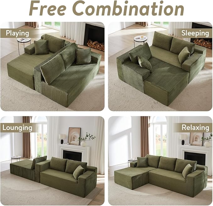 104 Inch Cloud Sectional Couch with L-Shape Chaise,Modern Upholstered Couches with Deep Seat,Corduroy Sponge Compressed Sofa for Living Room,No Assembly Required (Green)