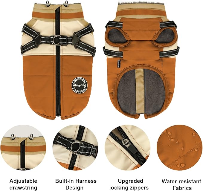 Winter Dog Coat - Waterproof, Windproof Turtleneck Fleece Vest with Harness, Reflective Snow Jacket for Small to Large Dogs, Orange XL
