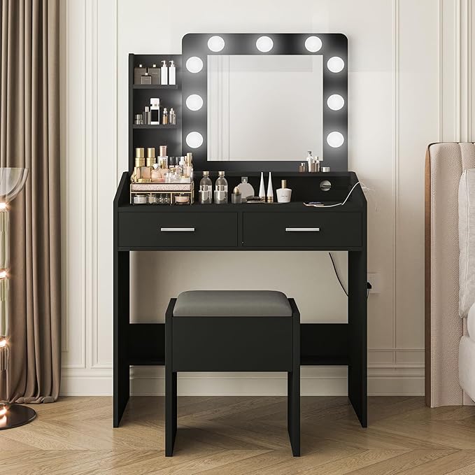 Vanity Desk with Mirror and Lights for Bedroom, Black Modern Makeup Table with 2 Drawers, 3 Light Modes & Dimmable LED, Includes Stool