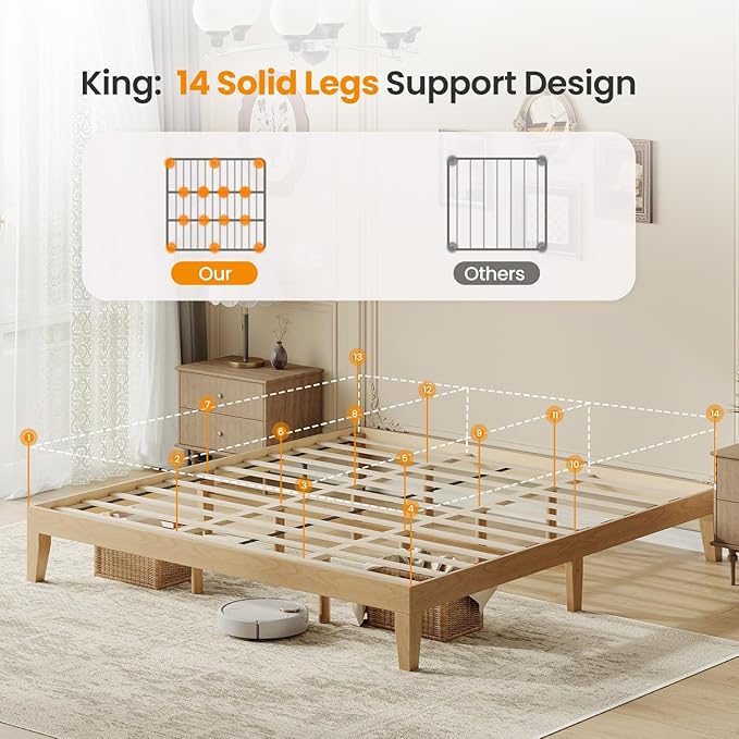 King Size Wood Platform Bed Frame, 12 Inch Solid Wood Bed Frame with Wooden Slats, No Box Spring Needed, Easy Assembly, Rustic Pine