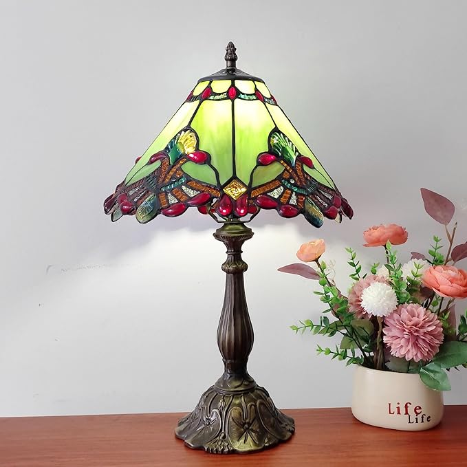 Tiffany lamp Green Baroque Style Stained Glass Table Lamp 12X12X19 Inches 3 -Way Tiffany Style Antique Light for Home Bedroom Living Room - 12W E26 Bulb Include