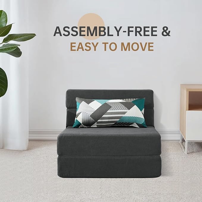 Folding Sofa Bed Single Size with Pillow Memory Foam Convertible Sleeper Chair Floor Couch Futon Lazy for Living Room/Home Office/Guest Beds/Apartment/Upstairs Loft,Dark Gray
