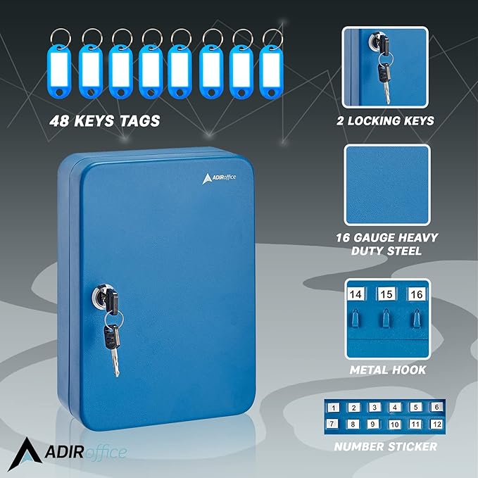 AdirOffice Key Lock Box – 48 Key Hooks Wall Mounted Key Cabinet Lock Box, Car Keys Holder Box, Lockable Key Storage Box - Metal Key Box Organizer with for Home and Office