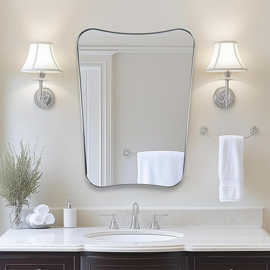 ANDY STAR Chrome Mirror for Bathroom, 22x30 Inch Asymmetrical Mirror, Polished Chrome Bathroom Vanity Mirror with Rust-Proof Stainless Steel 1’’ Frame, Unique Shape for Home Remodel